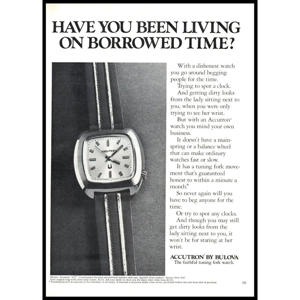 1972 Bulova Accutron 263 Watch Leather Strap Vintage Print Ad Borrowed Time Art